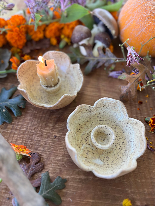 2 Ceramic Taper Candle Holders - Speckled Brown Flower