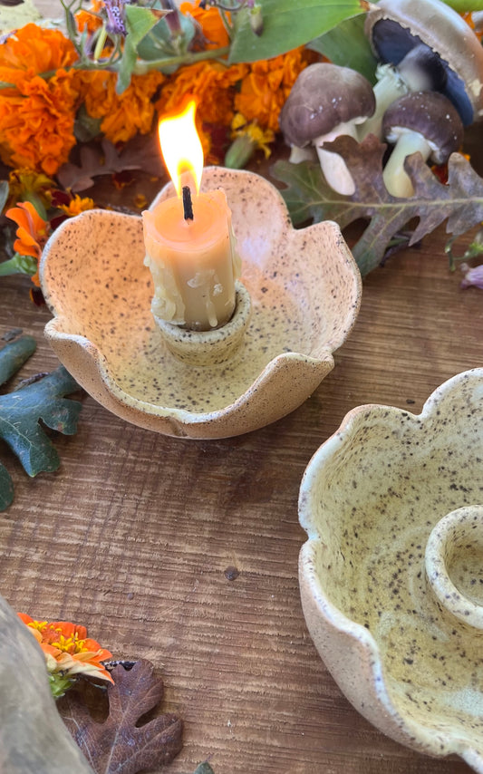 2 Ceramic Taper Candle Holders - Speckled Brown Flower