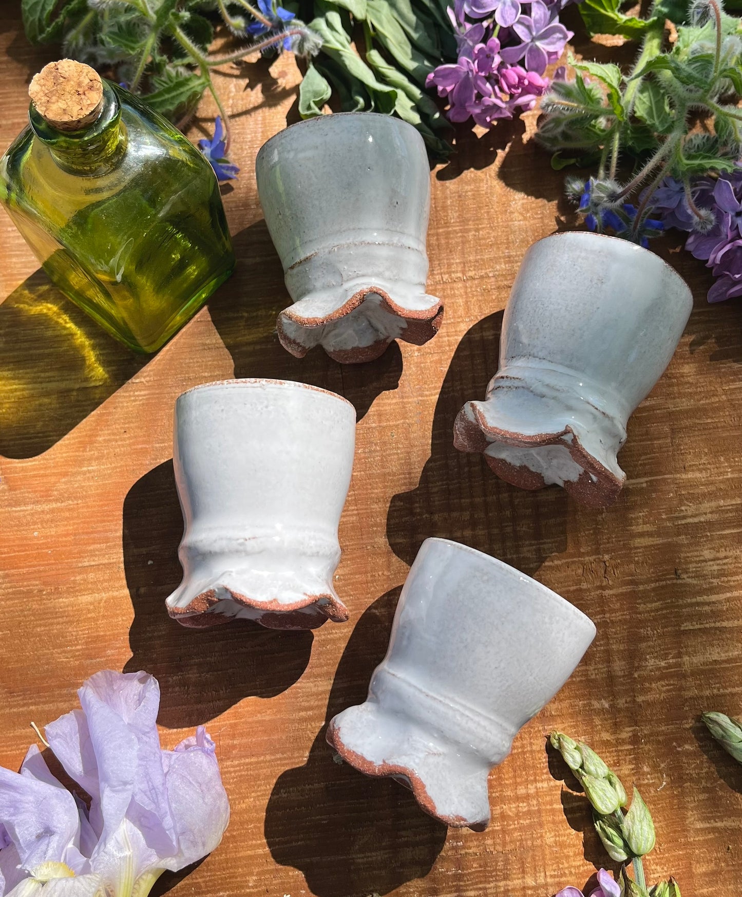 Sake Set - 4 Small Ceramic Cups - Fluted