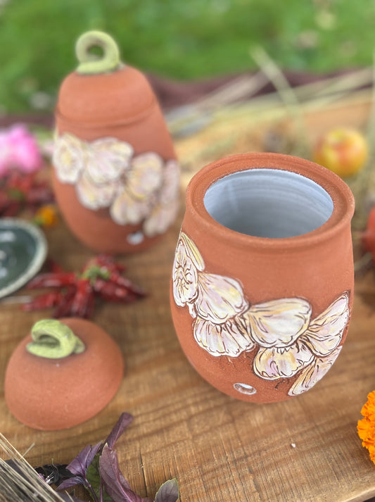Garlic Keeper Jar - Lidded Ceramic Jar - Garlic Braid