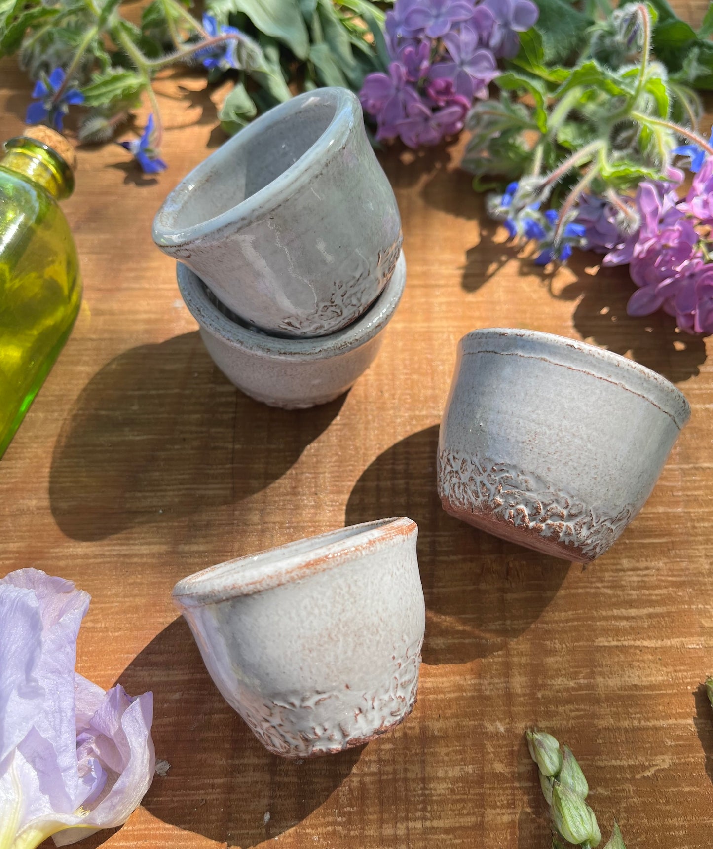 Sake Set - 4 Small Ceramic Cups - Botanical
