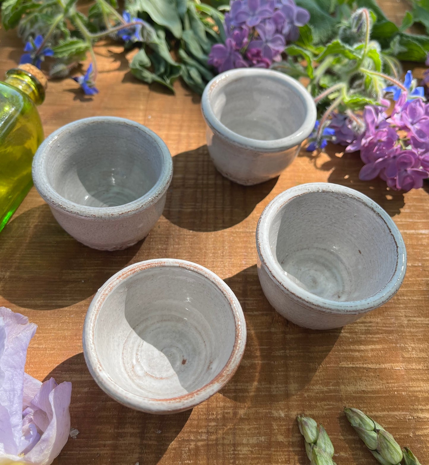 Sake Set - 4 Small Ceramic Cups - Botanical