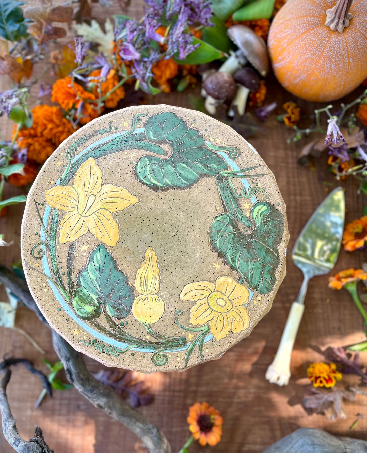 Cake Stand - Pumpkin Blossom Ceramic Cake Pedestal - 11"