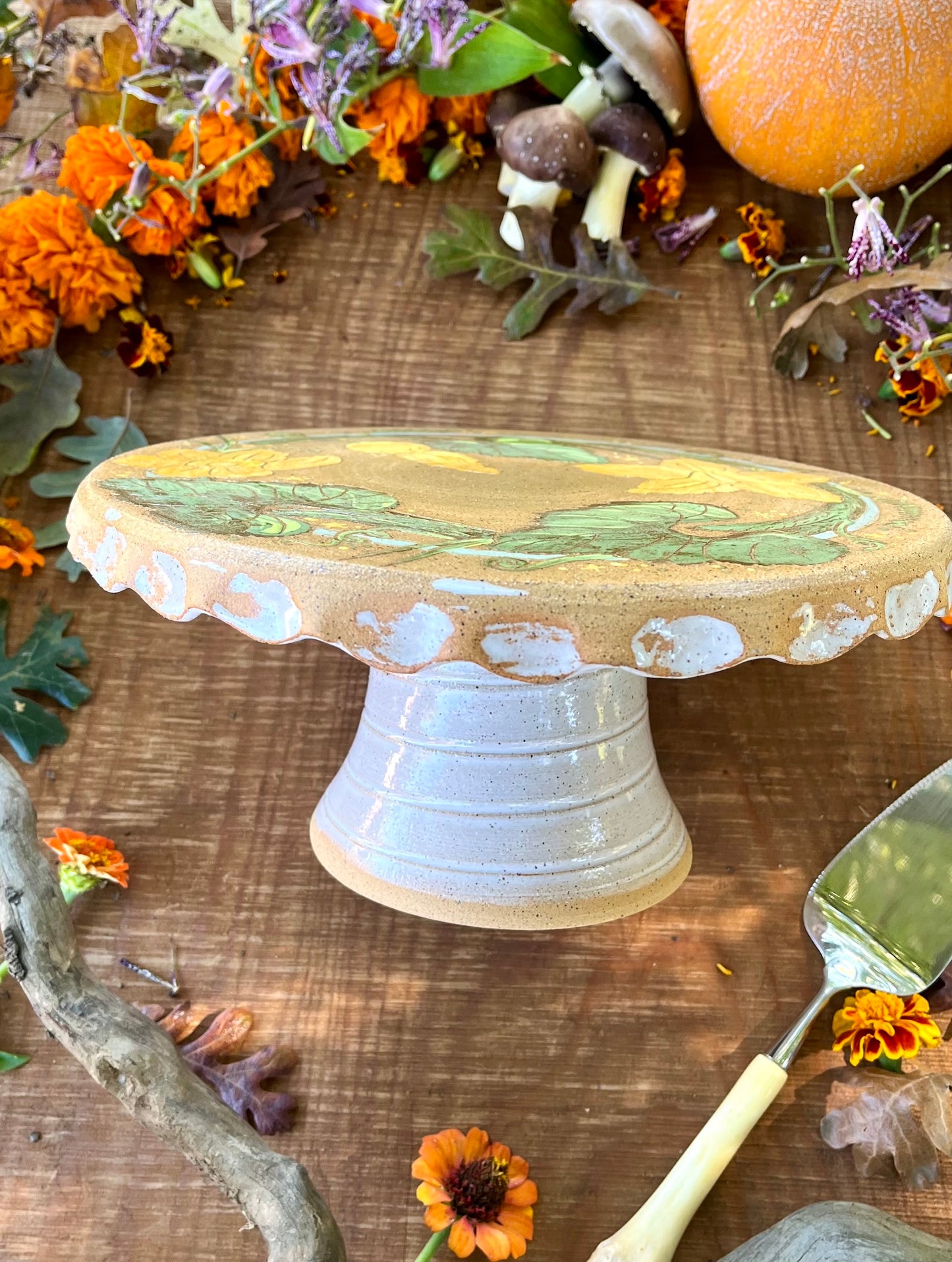 Cake Stand - Pumpkin Blossom Ceramic Cake Pedestal - 11"