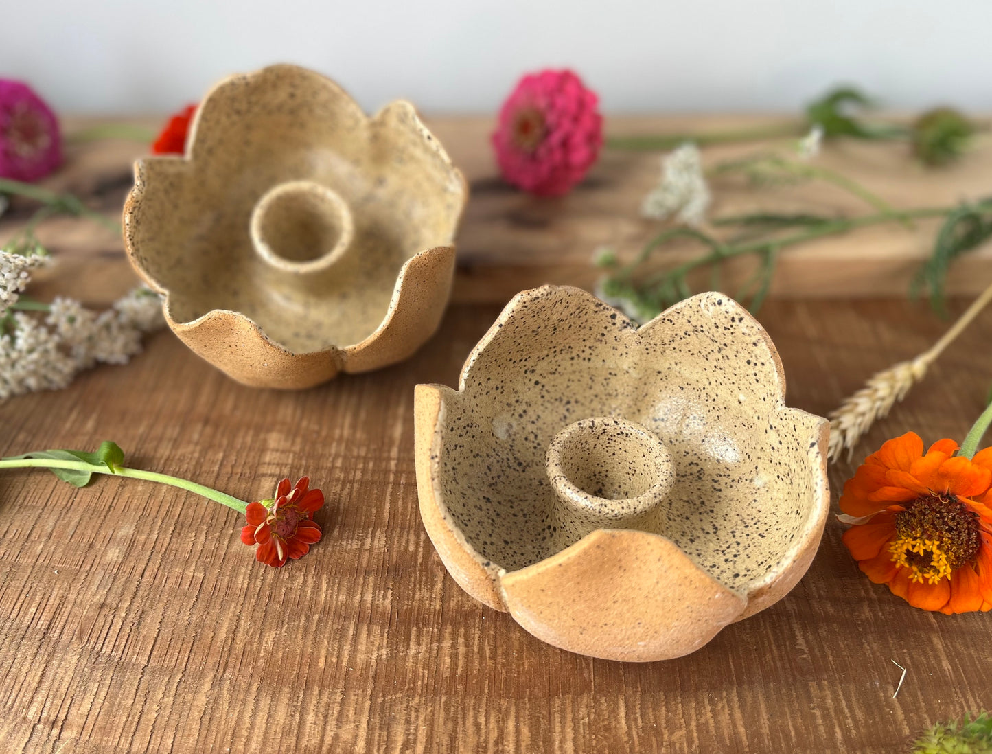 2 Ceramic Taper Candle Holders - Speckled Brown Flower