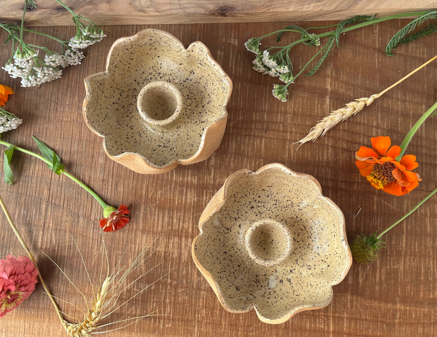 2 Ceramic Taper Candle Holders - Speckled Brown Flower