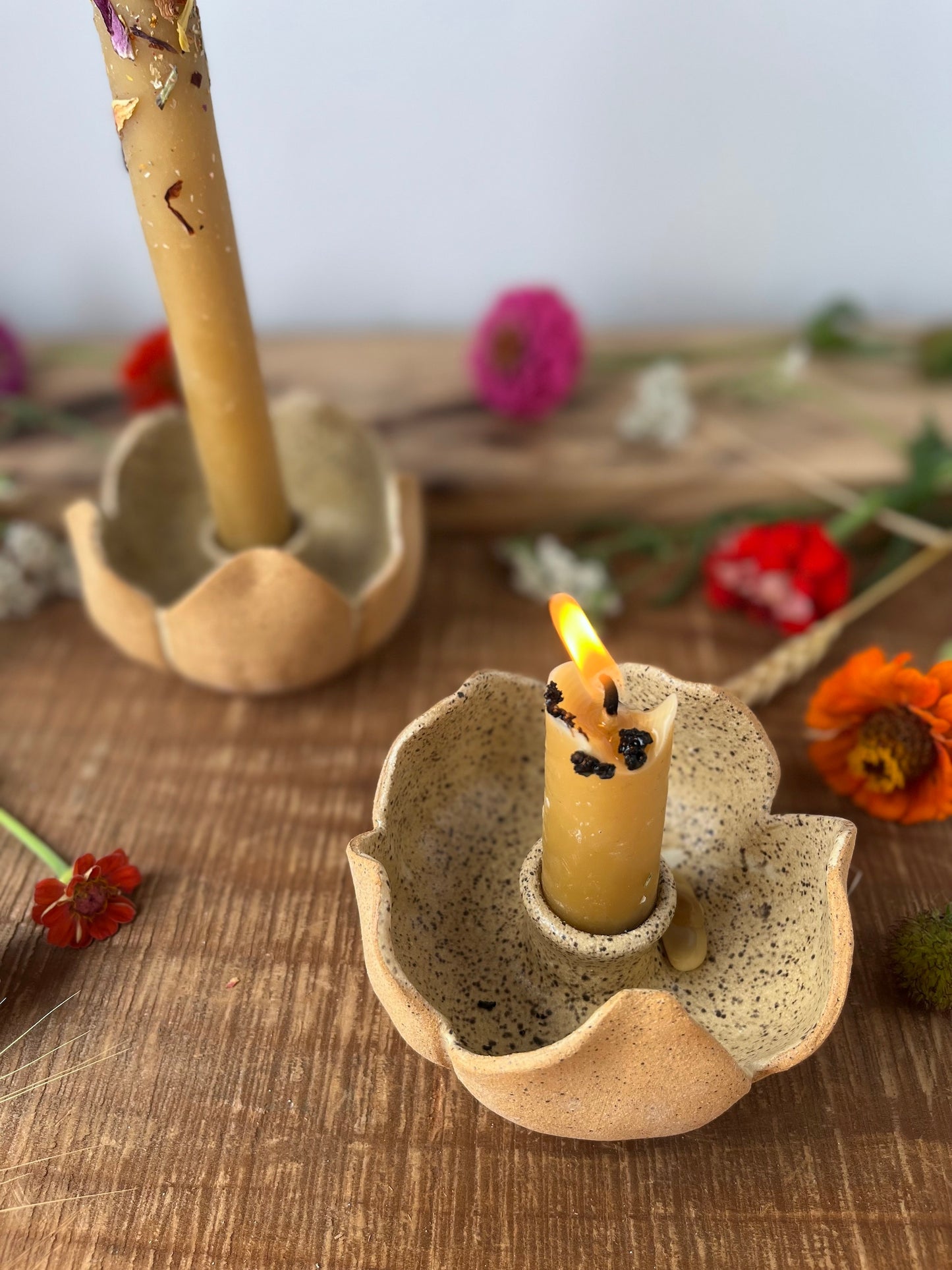 2 Ceramic Taper Candle Holders - Speckled Brown Flower