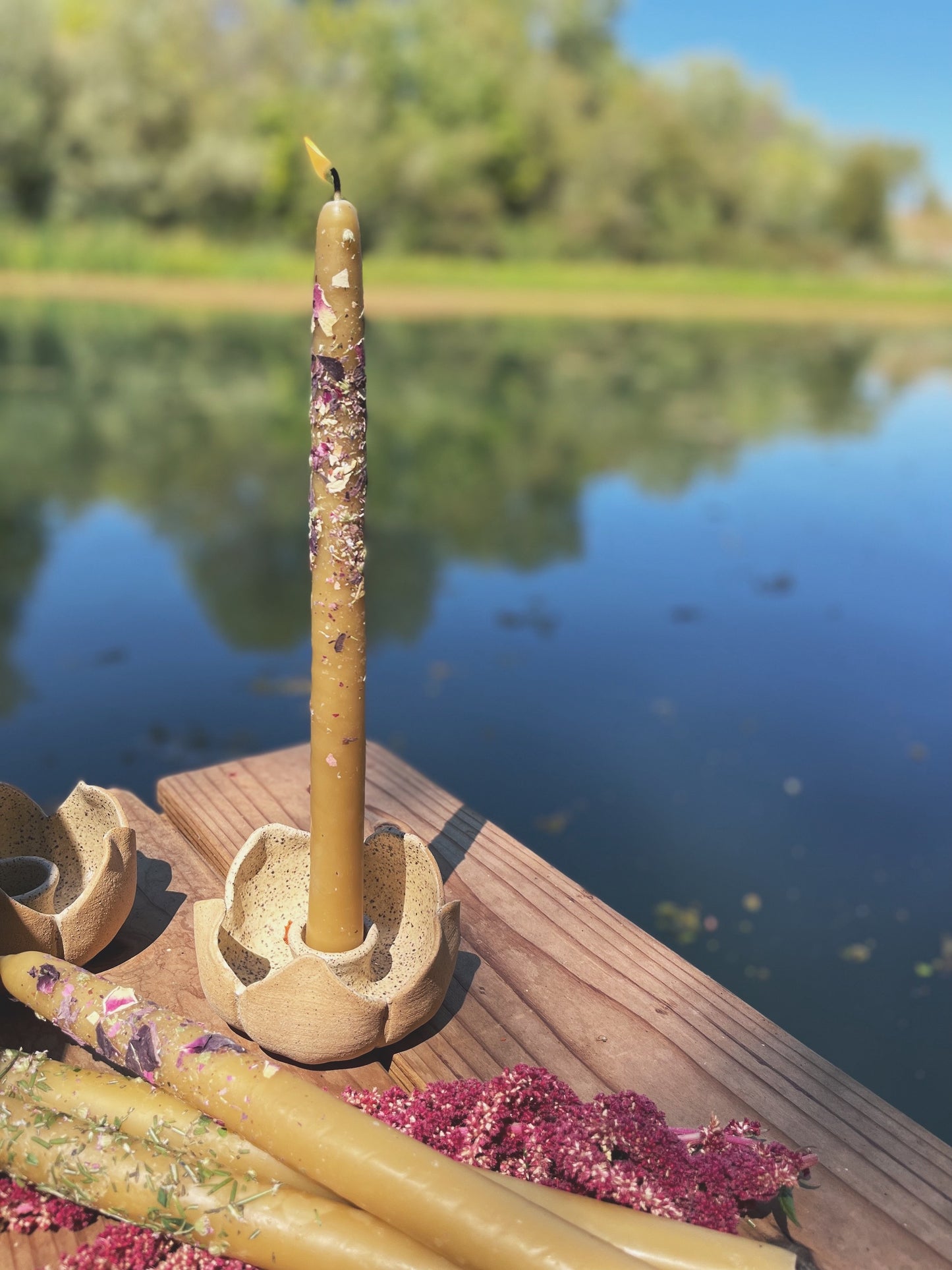 2 Ceramic Taper Candle Holders - Speckled Brown Flower