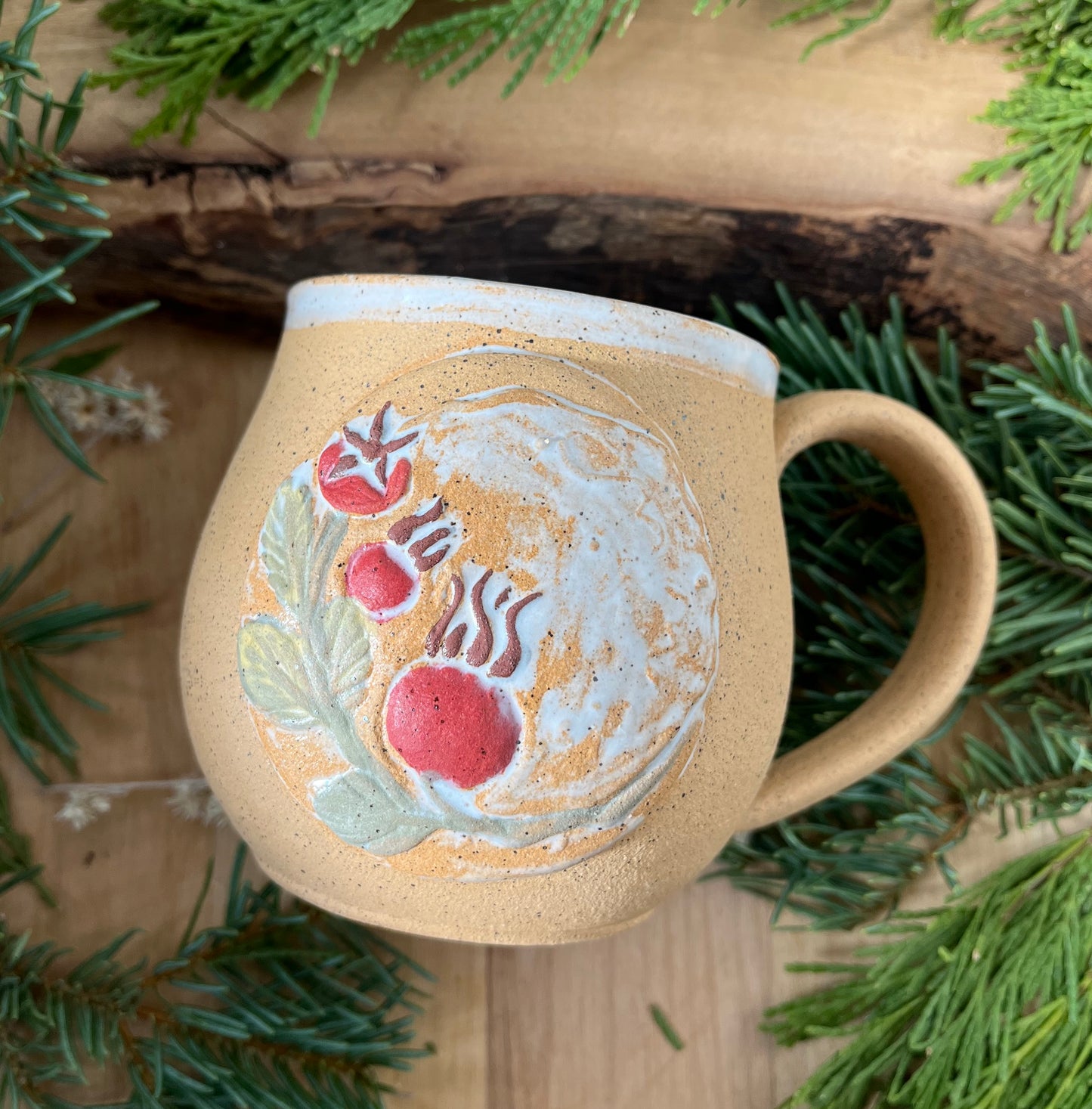 Winter Rose Hips Mug - Handmade Ceramic Mug