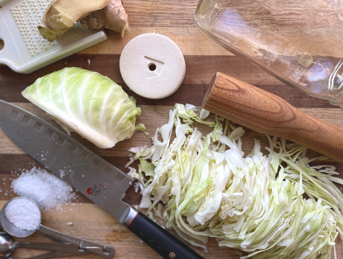 Prep work for making homemade sauerkraut with cabbage and salt