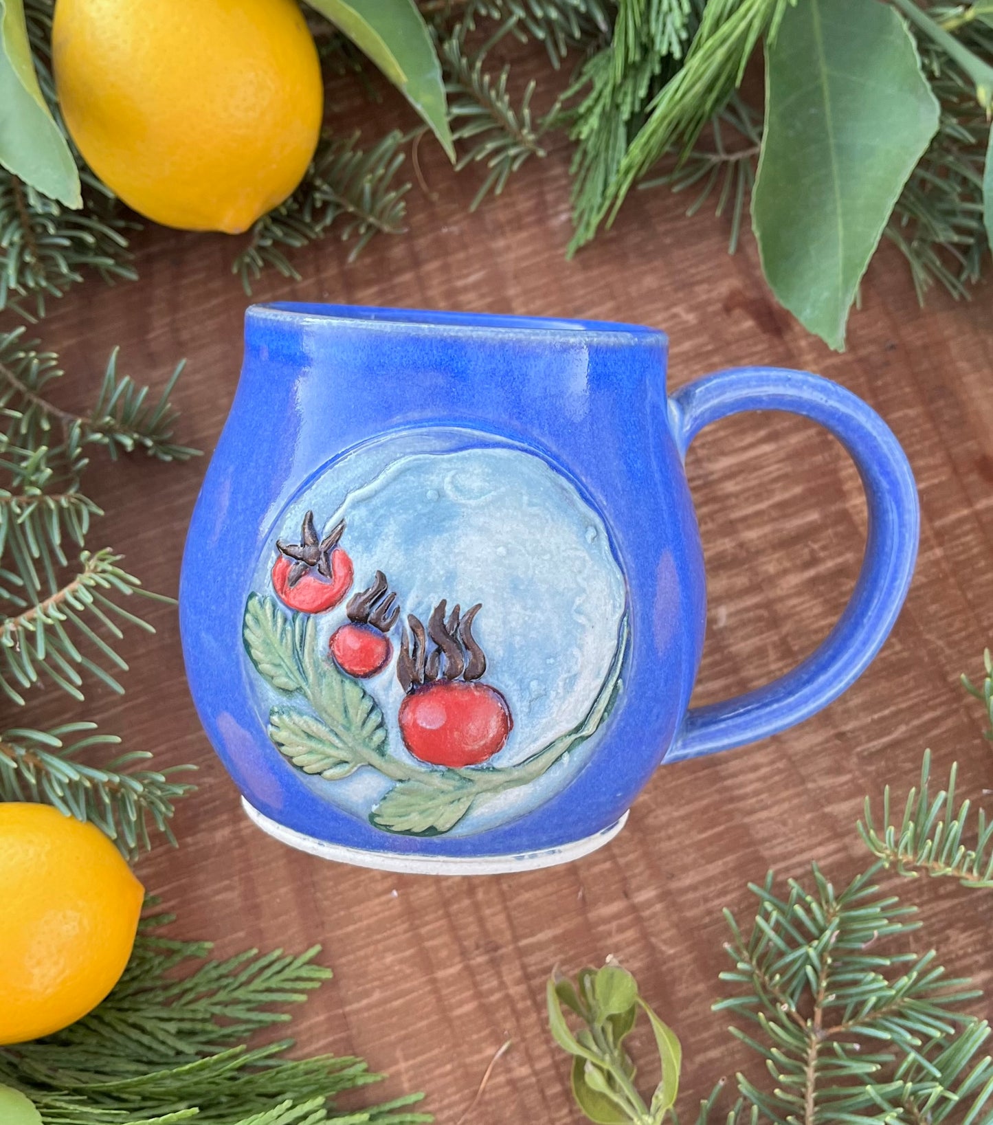 Rosehips Mug in Blue - Handmade Ceramic Mug