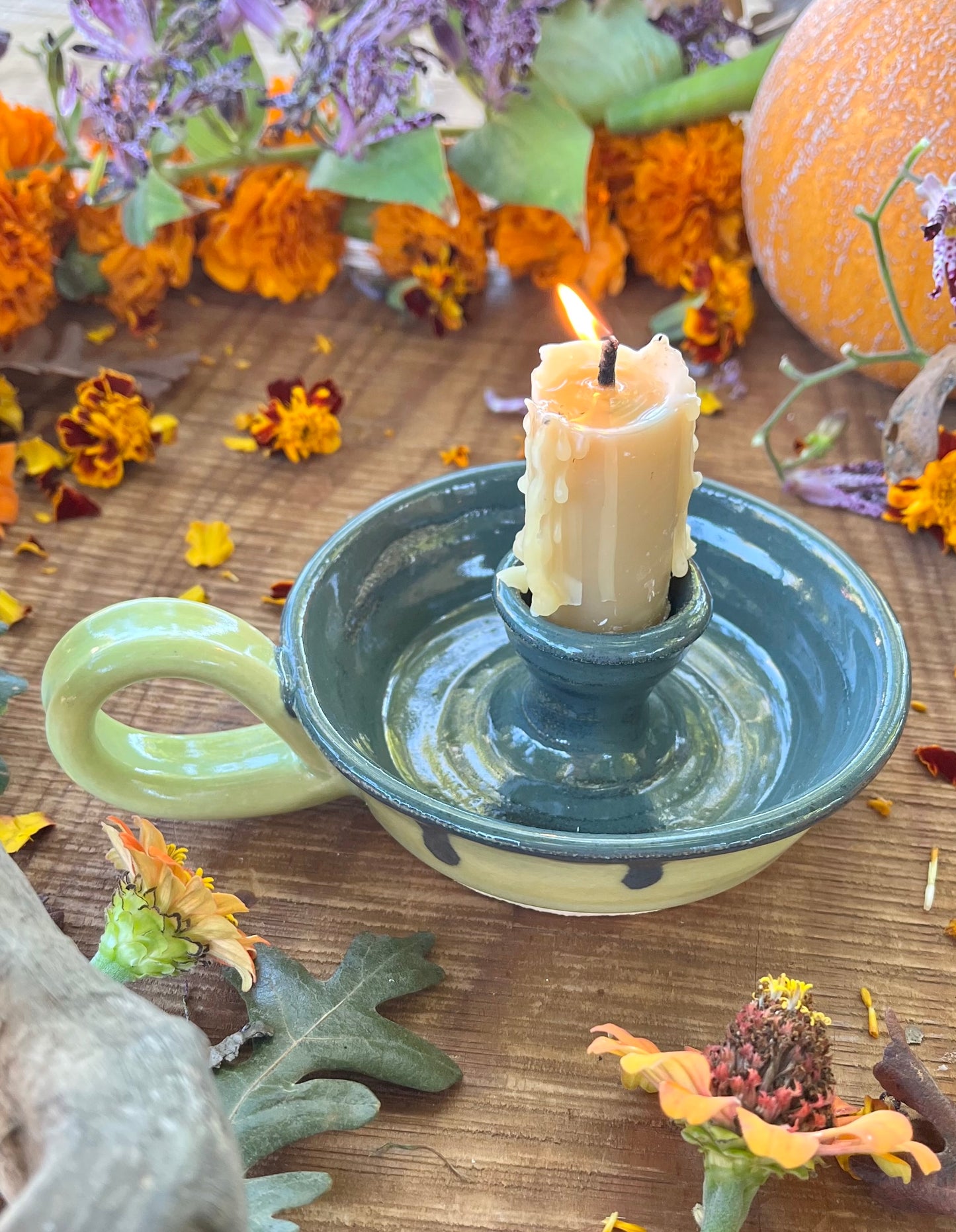 Green Drippy Candle Holder - Ceramic Taper Candlestick Holder