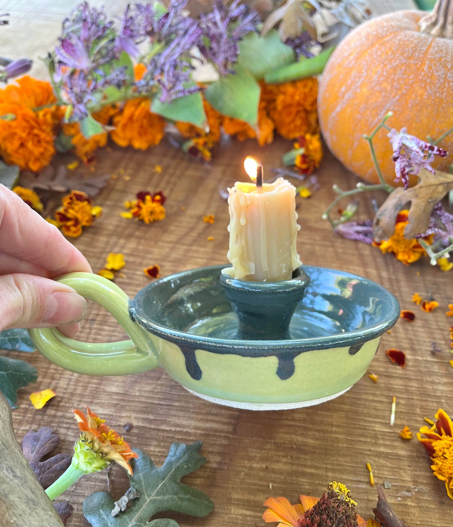 Green Drippy Candle Holder - Ceramic Taper Candlestick Holder