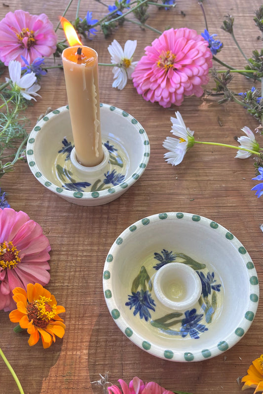 2 Ceramic Taper Candle Holders - Cornflower