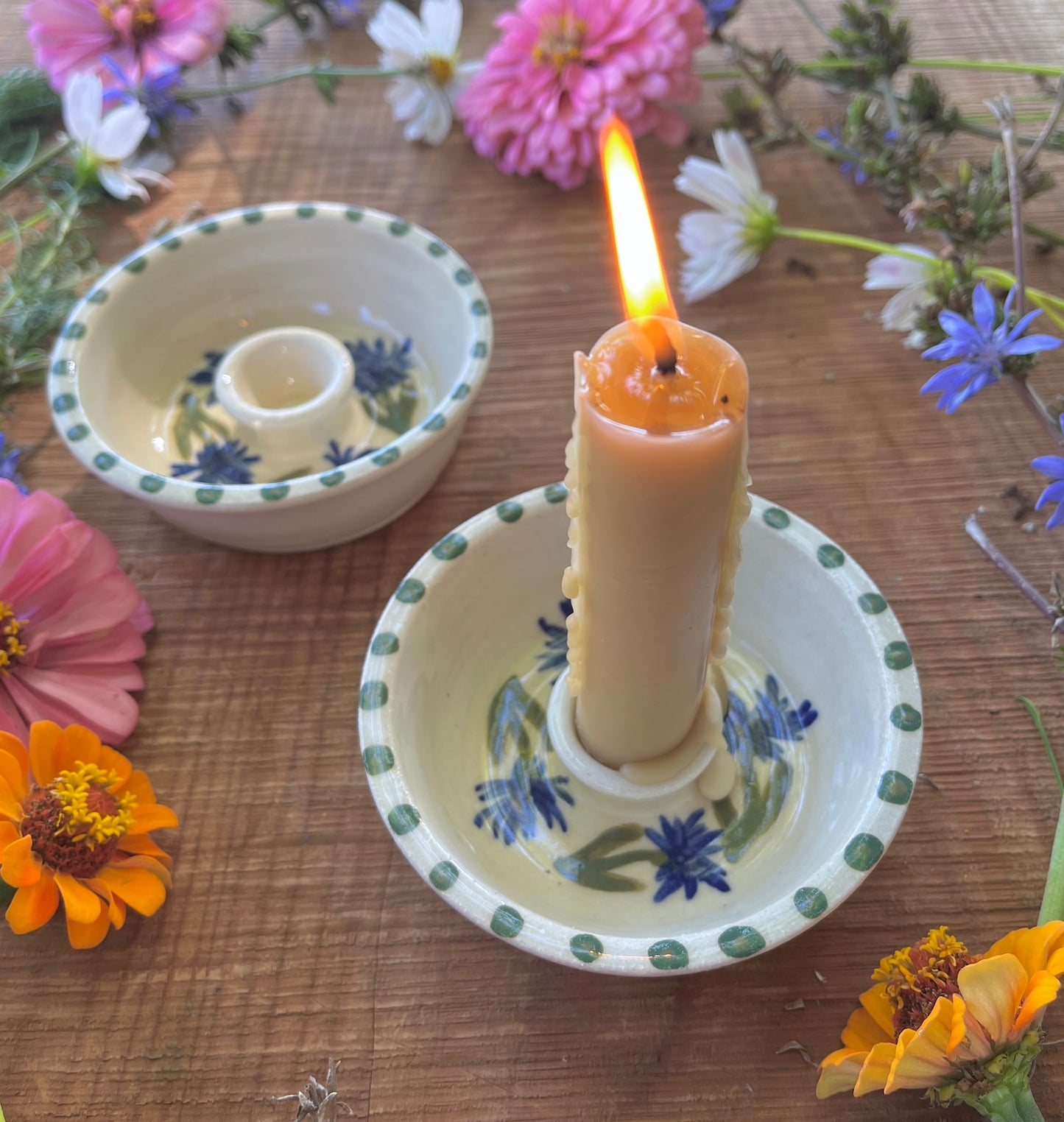 2 Ceramic Taper Candle Holders - Cornflower