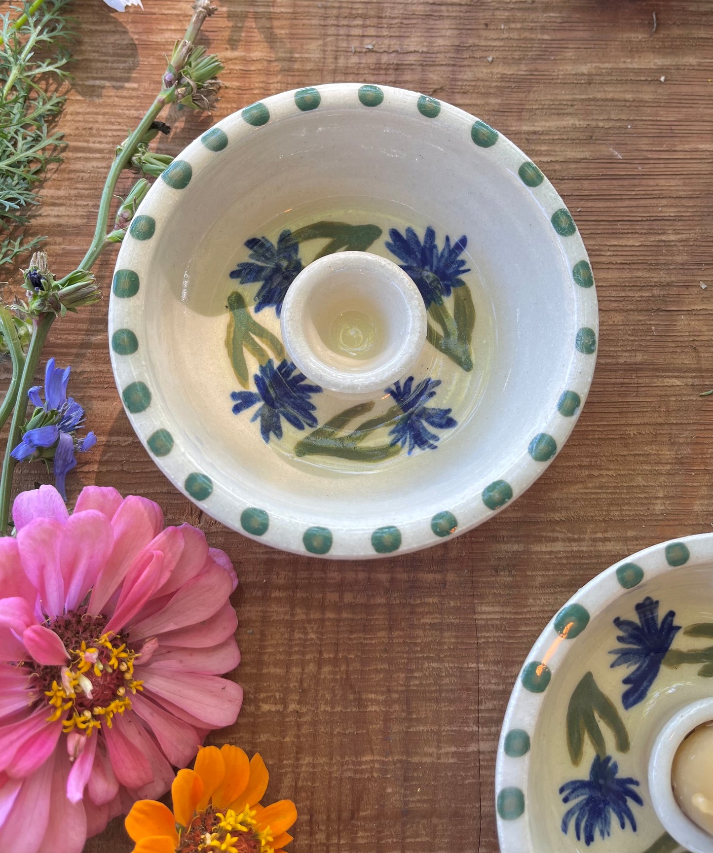 2 Ceramic Taper Candle Holders - Cornflower
