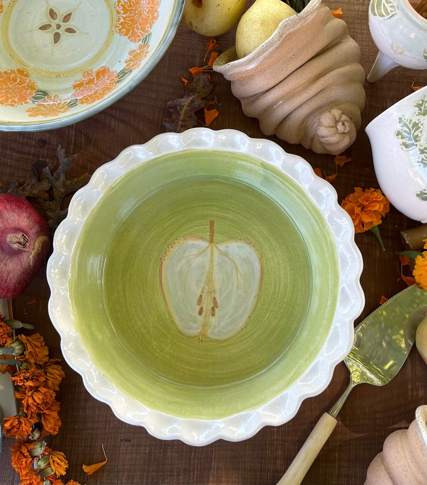 Green Apple Ceramic Pie Pan - Baking Dish - Deep Dish Pie - Pie Dish - Pie Plate