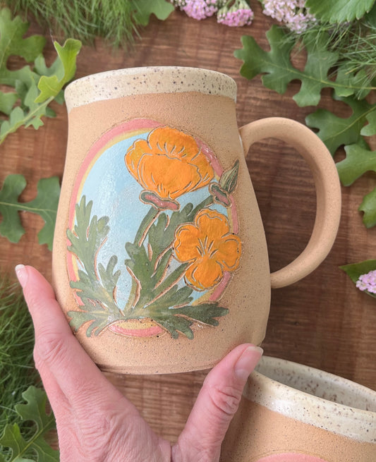 California Poppy Stein - Large Handmade Ceramic Coffee Mug - 24 oz.