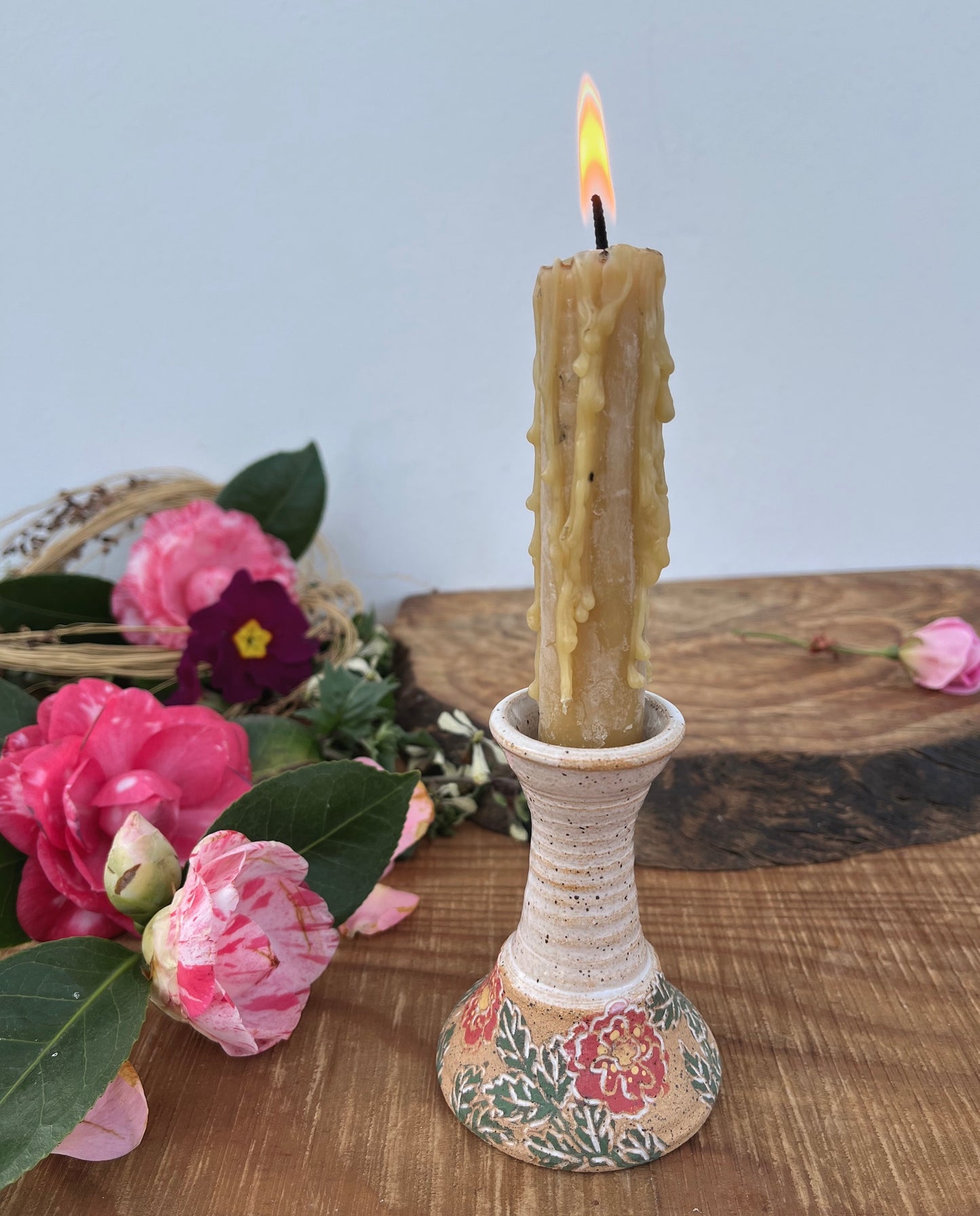 White Rose Candle Holder - Ceramic Taper Candlestick Holder