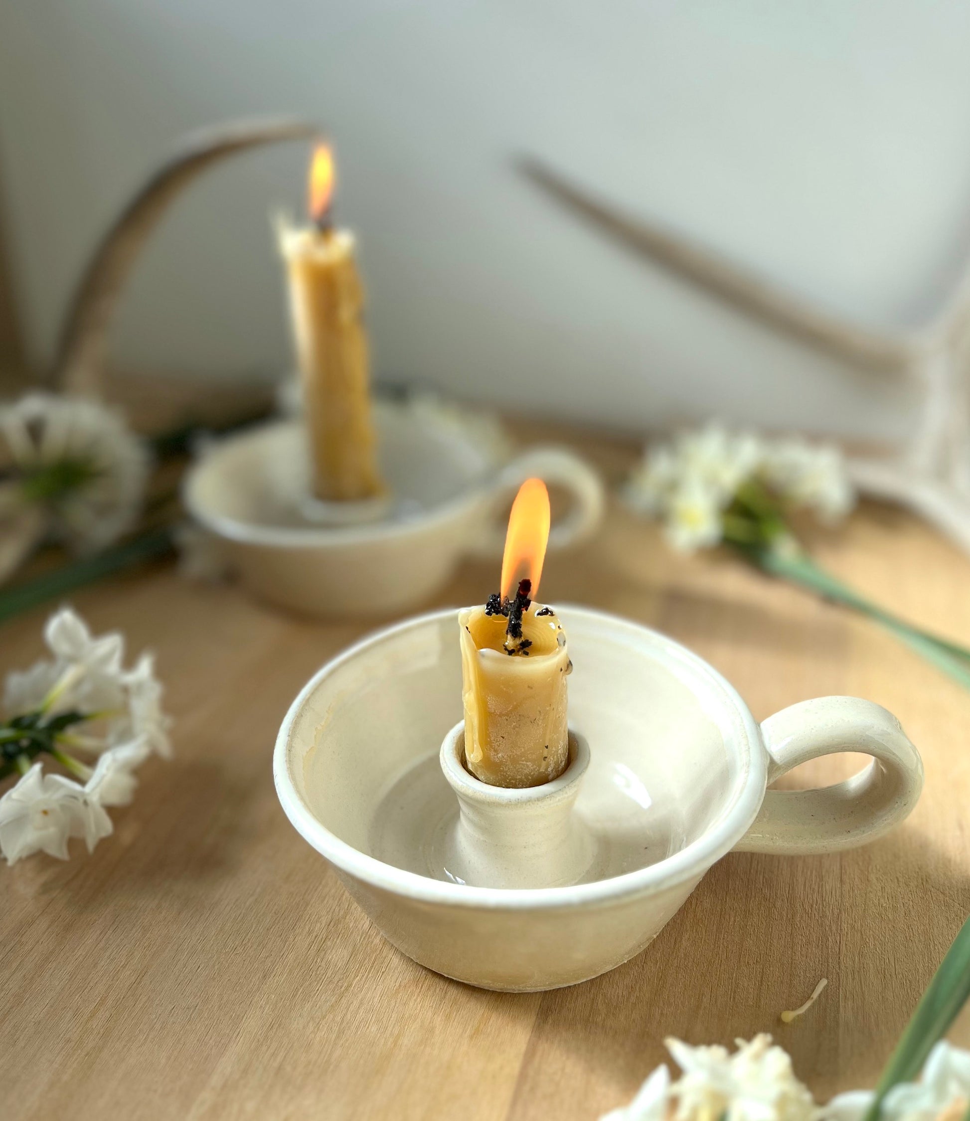 White Taper Candle Holder With Handle Ceramic Candlestick Holder