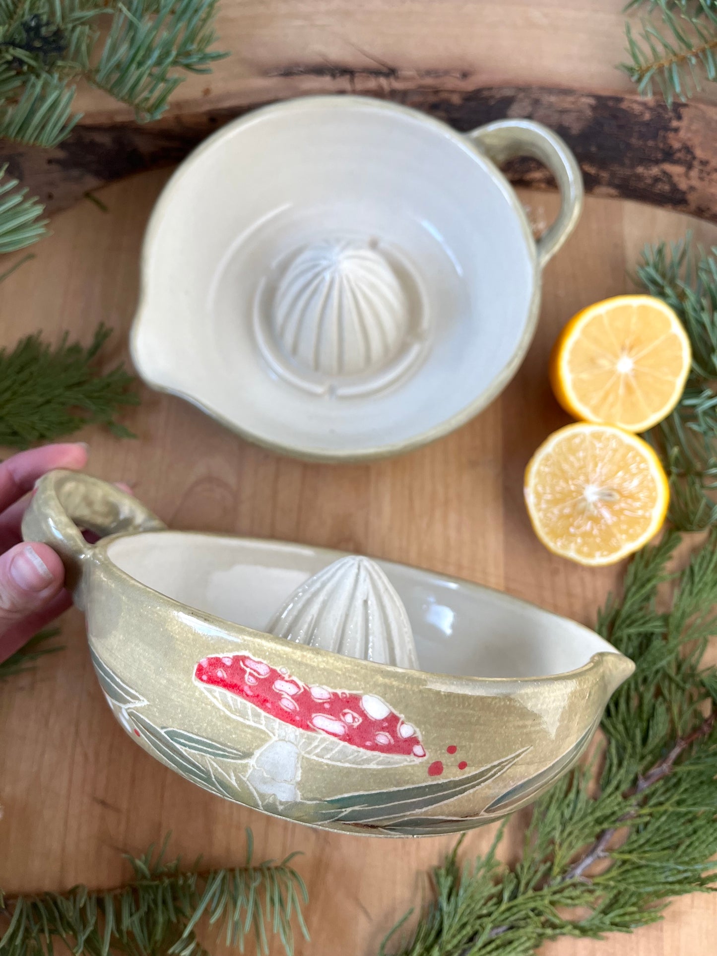 Ceramic Citrus Juicer - Handmade Ceramic Juicer Woodland Mushrooms