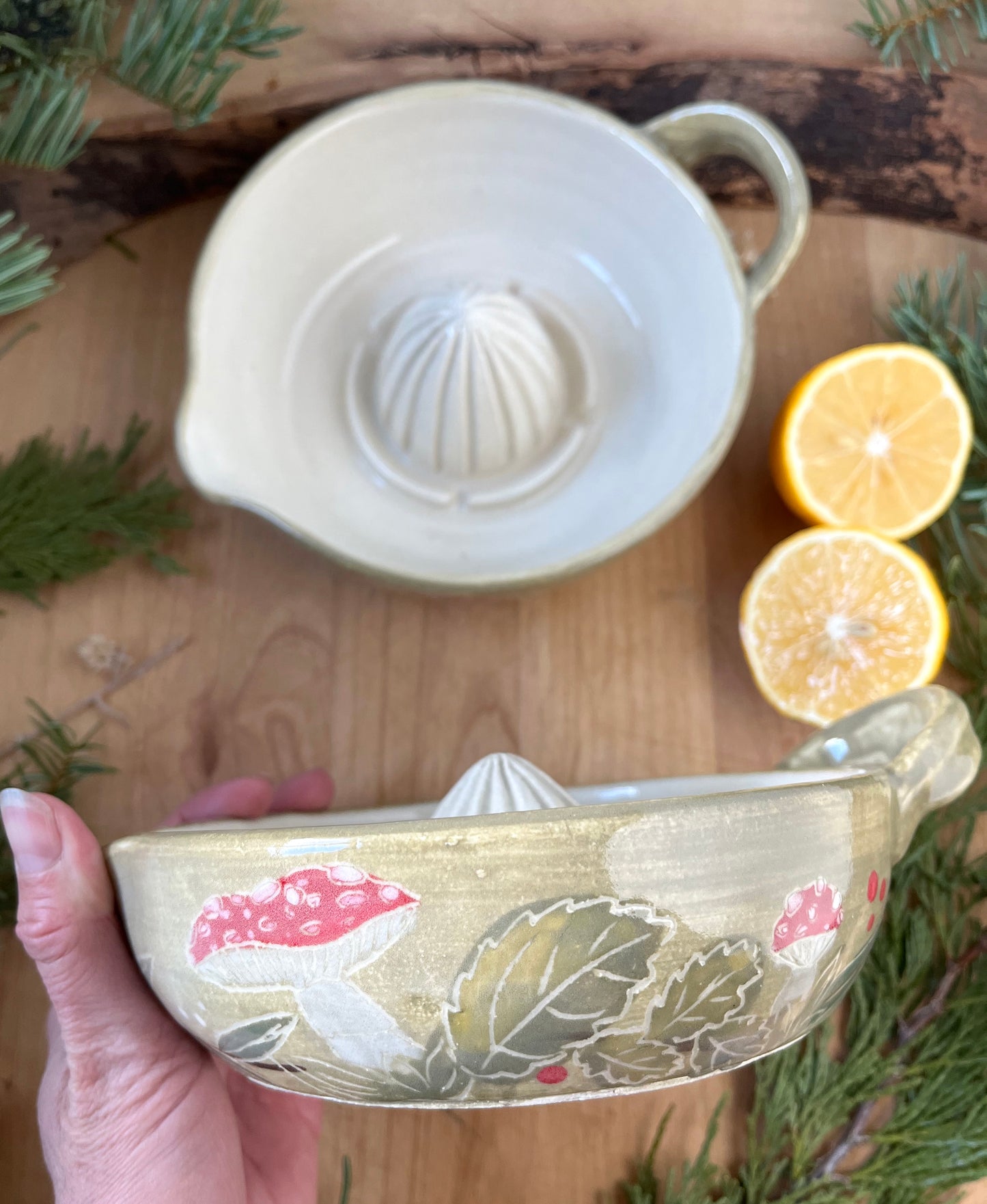 Ceramic Citrus Juicer - Handmade Ceramic Juicer Woodland Mushrooms
