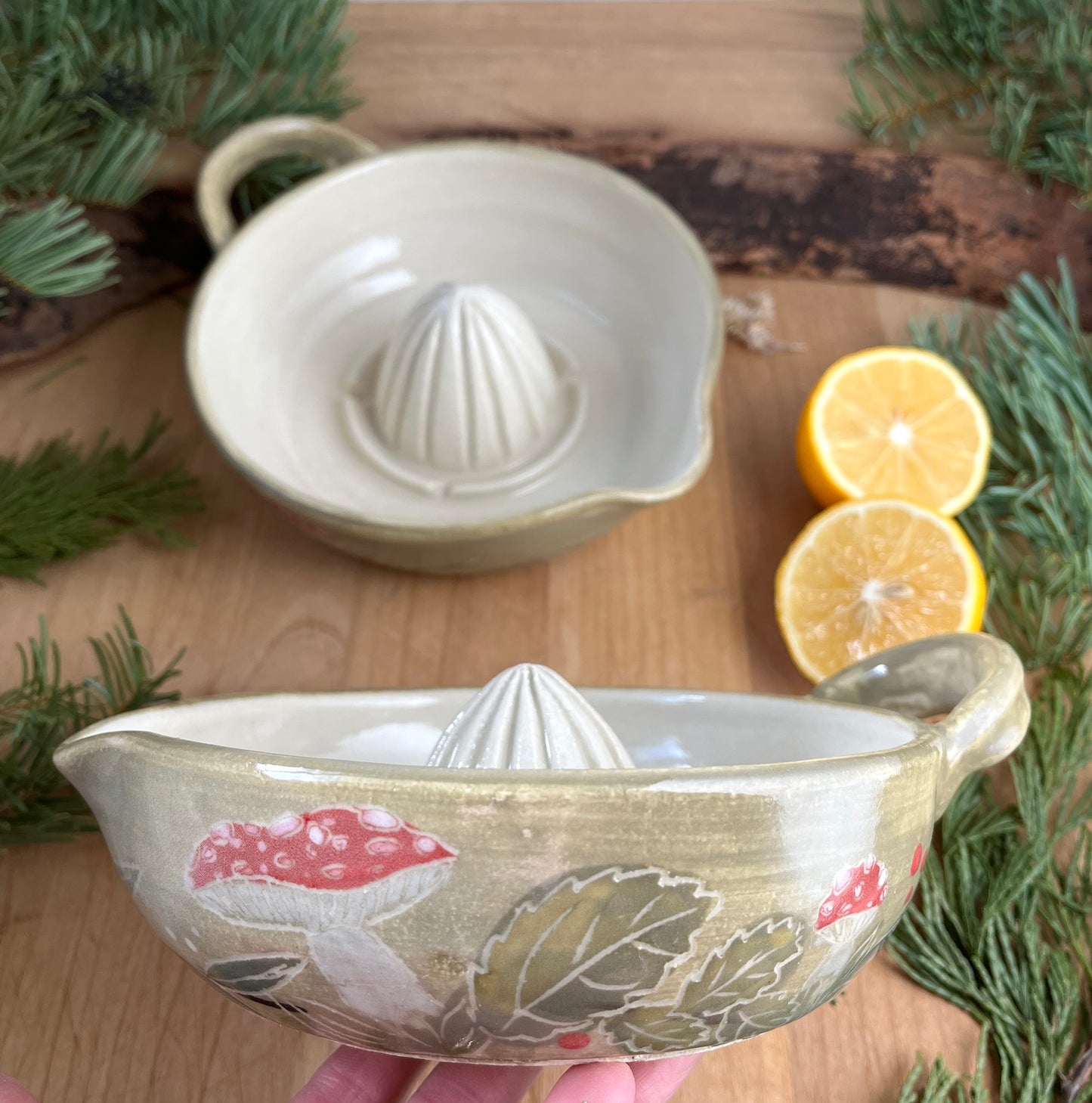 Ceramic Citrus Juicer - Handmade Ceramic Juicer Woodland Mushrooms