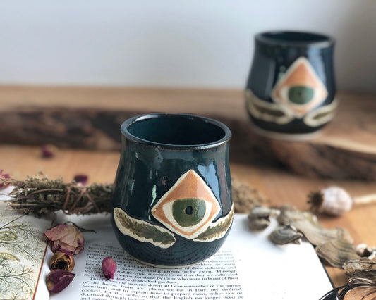 Handmade Ceramic Tumbler - Ceramic Cup - Black with Eye of Protection